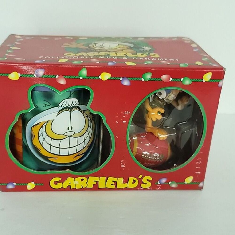 Garfield Collectible Coffee Mug Cup Hang On For Xmas Ornament Set Vintage 1996